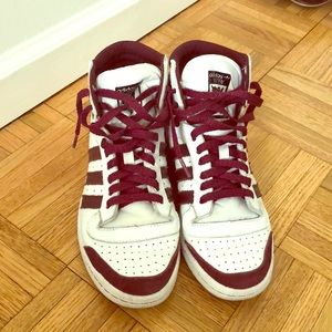 Maroon and white angle high top ten adidas